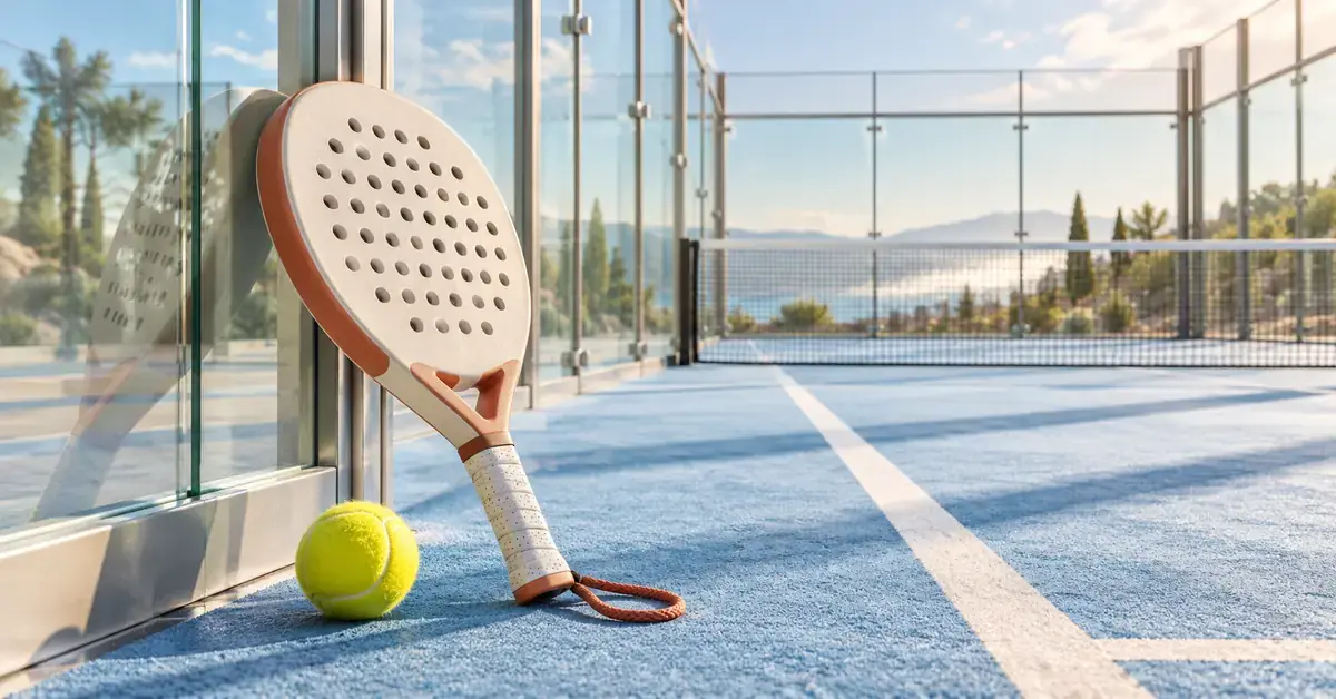 Padelmaila ja keltainen pallo vaaleansinisellä kentällä lasiseinän vieressä, taustalla padelverkko.